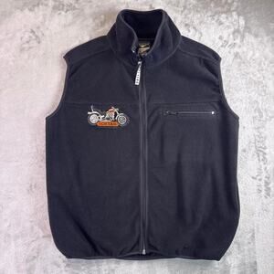 Y2K Cheetah Fleece Vest Black Motorcycle Softail Embroidered Full Zip Biker Sz M